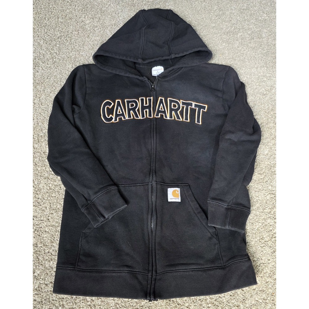 Carhartt Black Hooded Full Zip Sweatshirt Boys L (14/16) With Embroidered Logo